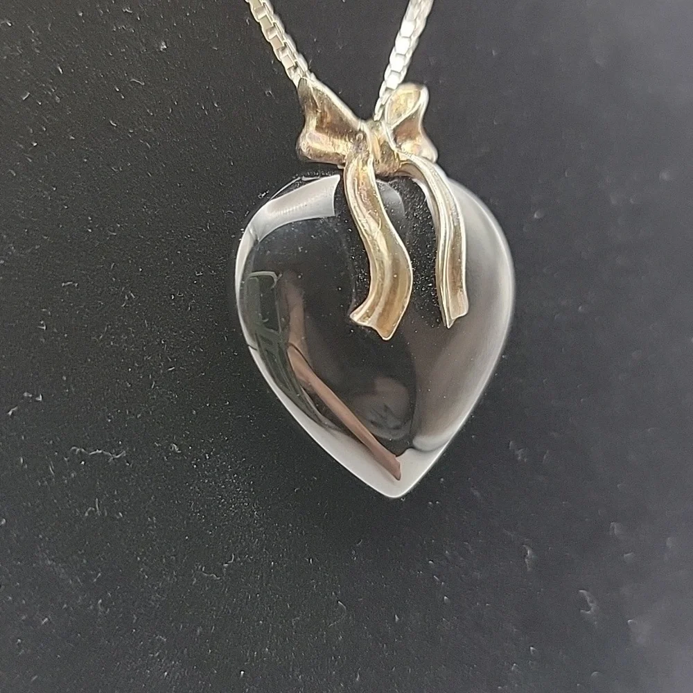 .925 Sterling Silver Black Obsidian Puffed Heart Pendant